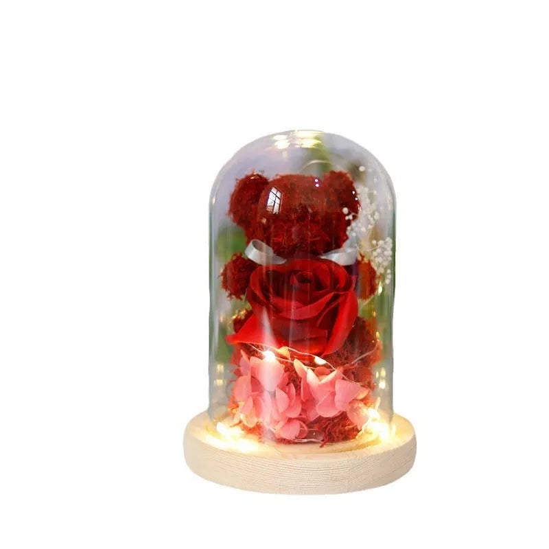 Eternal preserved rose and teddy bear gift box with warm LED lights