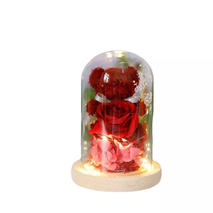 Eternal preserved rose and teddy bear gift box with warm LED lights