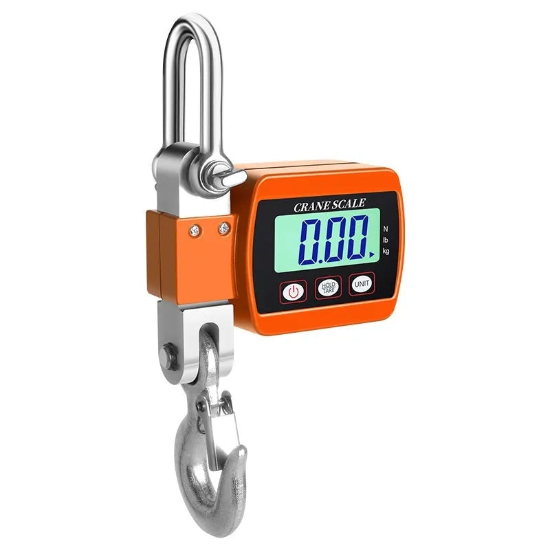 Electronic hook scale with digital LCD display showing weight measurement, available in blue, orange, or white colours