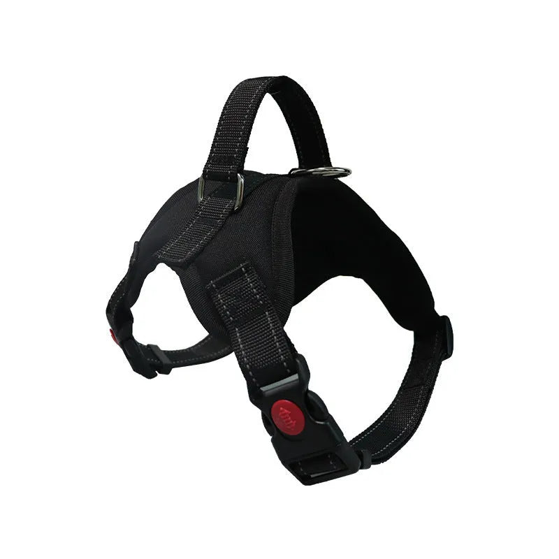 Explosion-proof polyester dog chest harness in black with saddle chest strap for medium and large dogs, sizes XS to XL