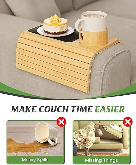 Bamboo sofa tray with cup holder on sofa, 45cm length natural wood surface