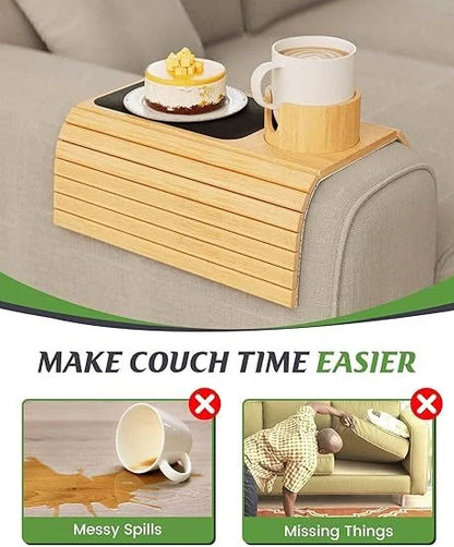 Bamboo sofa tray with cup holder on sofa, 45cm length natural wood surface