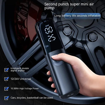 Black portable electric car air pump with pressure gauge and plug-in cord