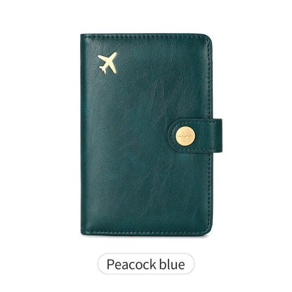 PU passport wallet with sewing line detail, shown in multiple colours including black, pink, and blue, featuring anti-theft swiping protection.