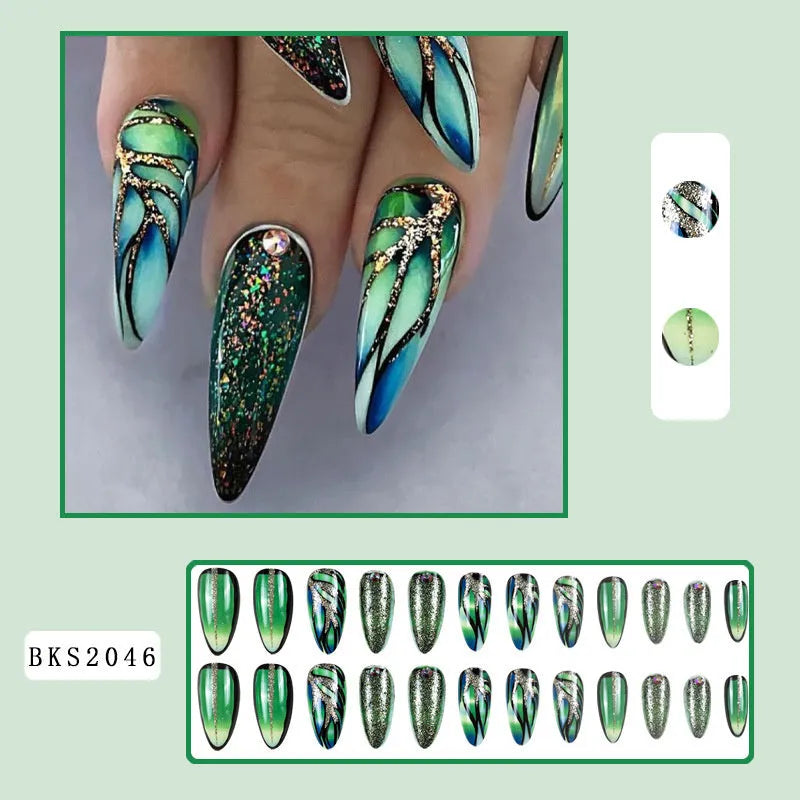 Set of almond-shaped rainbow patterned false nail stickers in European Square shape on four colour backgrounds.
