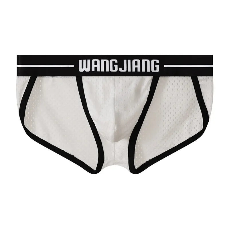 Men's solid colour Ice Silk triangle briefs on a white background, showing the mesh fabric texture.