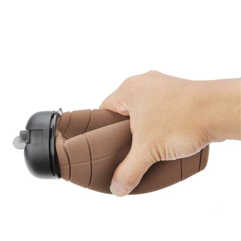Brown rugby ball-shaped collapsible water bottle with leak-proof seal and non-slip grip