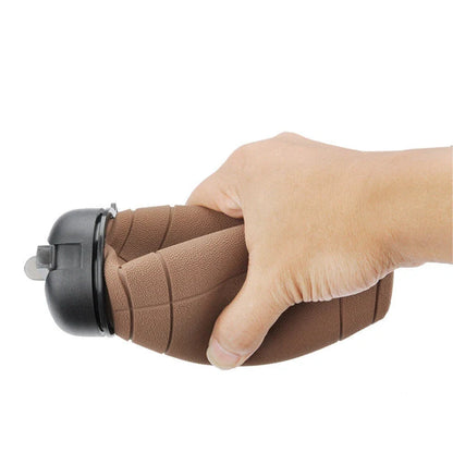 Brown rugby ball-shaped collapsible water bottle with leak-proof seal and non-slip grip