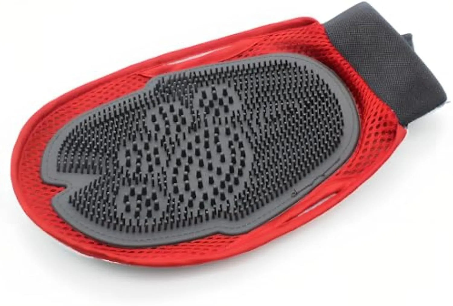 Red pet bathing glove with integrated brush bristles, measuring 26cm by 16cm, shown fitting on a hand