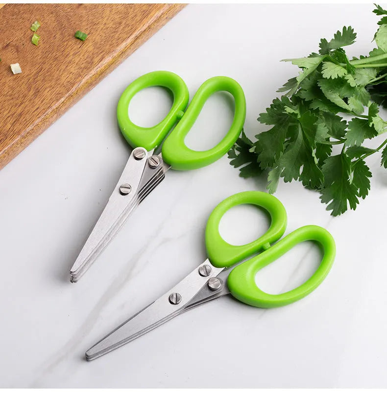 Stainless steel kitchen scissors with five parallel blades for cutting green onions and herbs