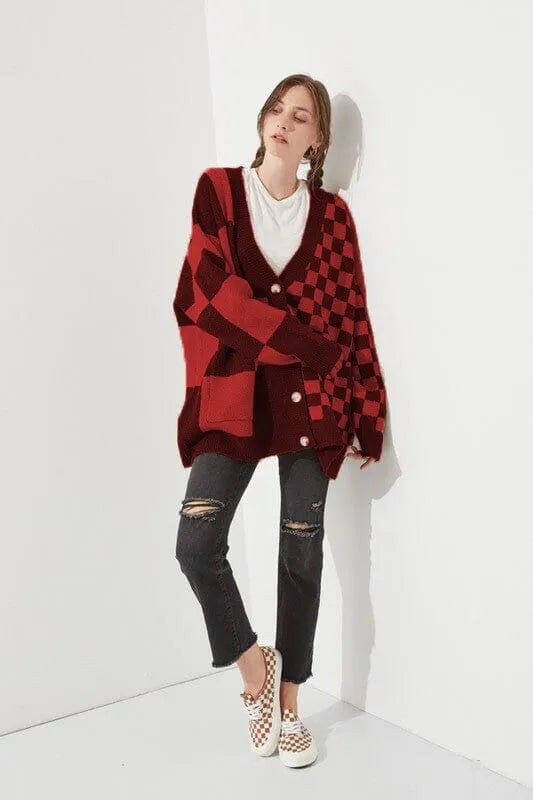 Loose fit knitwear cardigan with printed check pattern in wine red colour showing regular sleeves and slim styling