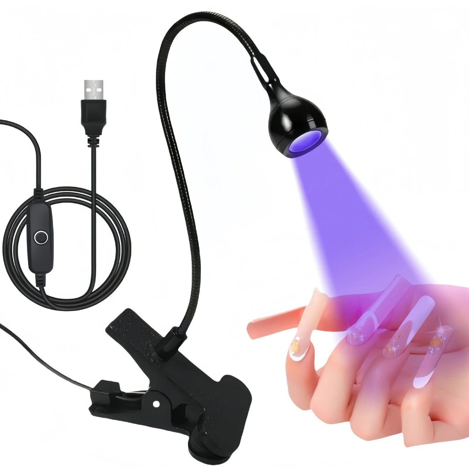 Black gooseneck UV nail lamp with clip attachment, adjustable tube, and straight light body for curing manicures