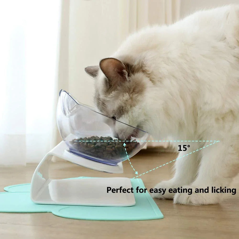 Tilted cat and dog bowls with raised stand, designed to reduce neck strain and protect cervical vertebrae.