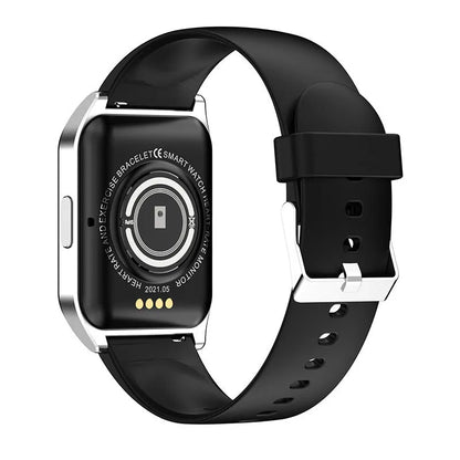 Black smart watch with 1.69-inch screen and silicone strap on a wrist, displaying a heart rate graph.