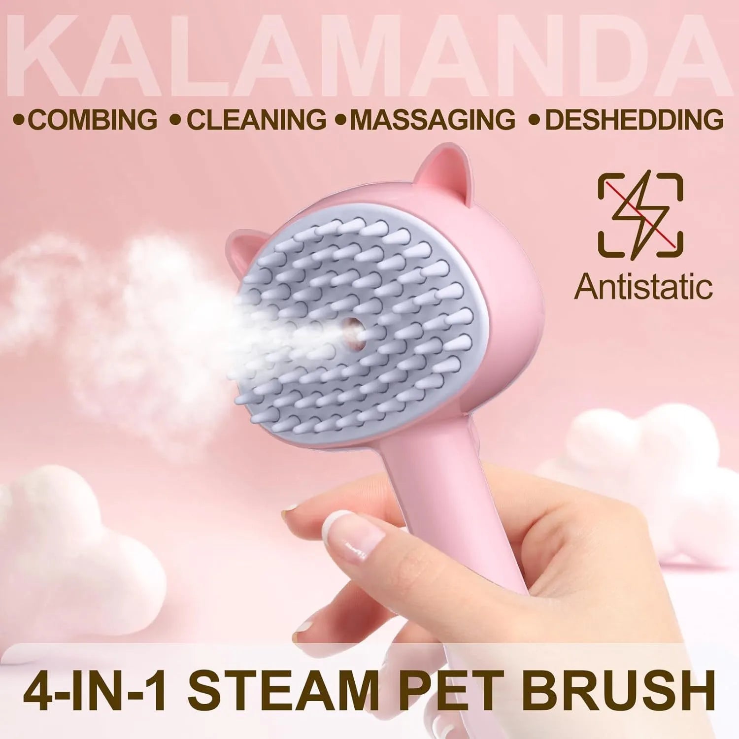 Cat ear-shaped steam brush with blue handle, rubber bristles, and release button for pet grooming