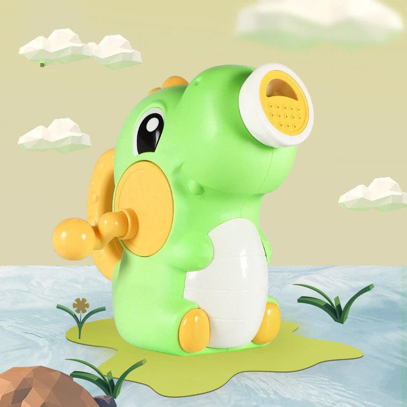 Dinosaur-shaped baby bath toy with manual water spray feature in bright colours