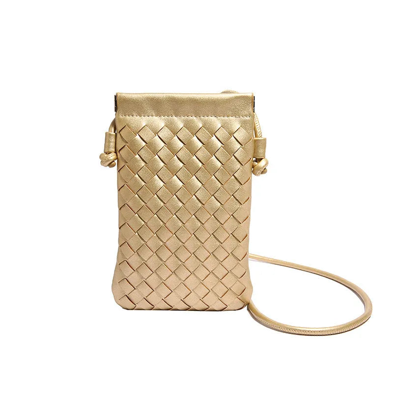 Vintage weave crossbody phone bag in pu leather showing vertical square design and dark cell interior