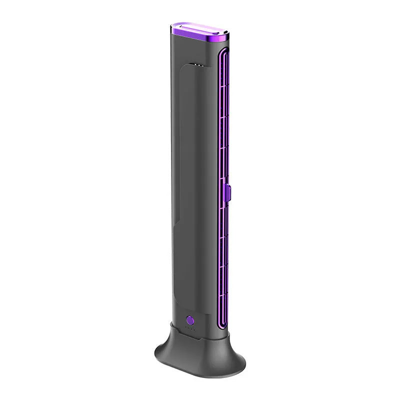 Creamy-white Roman column USB floor fan with integrated LED light showing three-speed controls