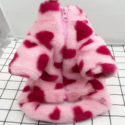 Pink plush warm coat on small dog showing British style design with polyester construction