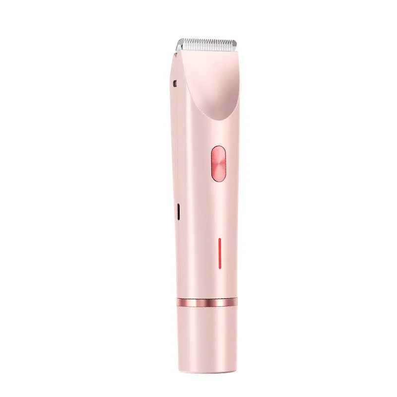 Pink electric shaver with double head, USB cable, and brush for women's body grooming