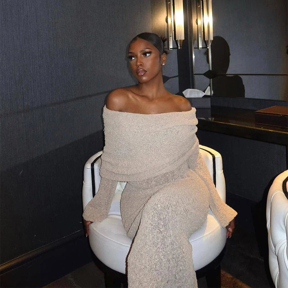 One-shoulder knit maxi dress in various colors, featuring a high-waisted silhouette and flowing skirt for a flattering and stylish look.