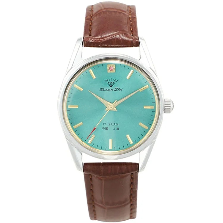 Men's quartz wristwatch with a 38mm green dial, featuring a selection of strap styles including black leather, coffee leather, solid steel, and a spring bracelet, presented as a complete set with the watch.