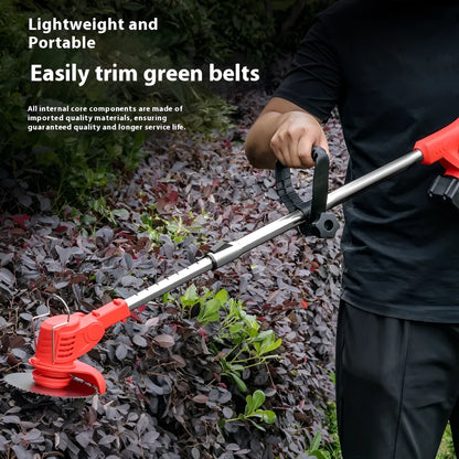 Portable household weeding machine in bare metal finish with long handle.