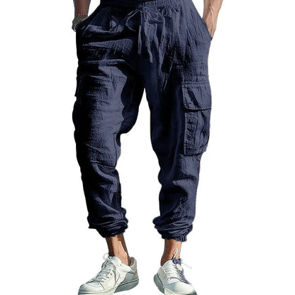 Men's linen casual trousers with adjustable ankle ties and four pockets in khaki colour