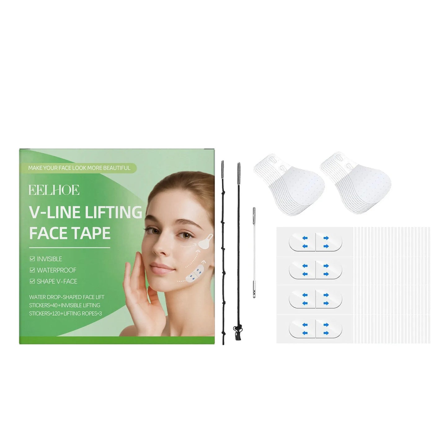Facial lifting tape kit showing invisible patches, droplet-shaped stickers, and adjustable lifting ropes for face shaping