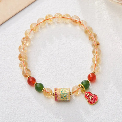 Citrine five sutra crystal bracelet with hand-woven geometric pattern and 6mm beads