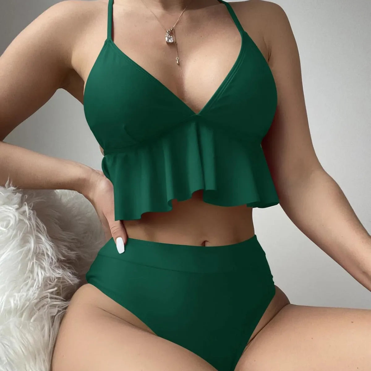 Women's solid colour split bikini swimsuit in black, army green, brick red or blue