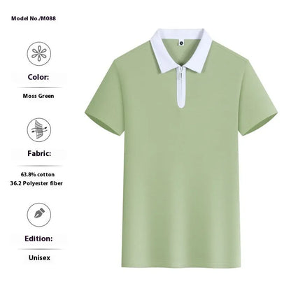 Zipper and lapel polo shirt in solid colour with short sleeves and loose fit