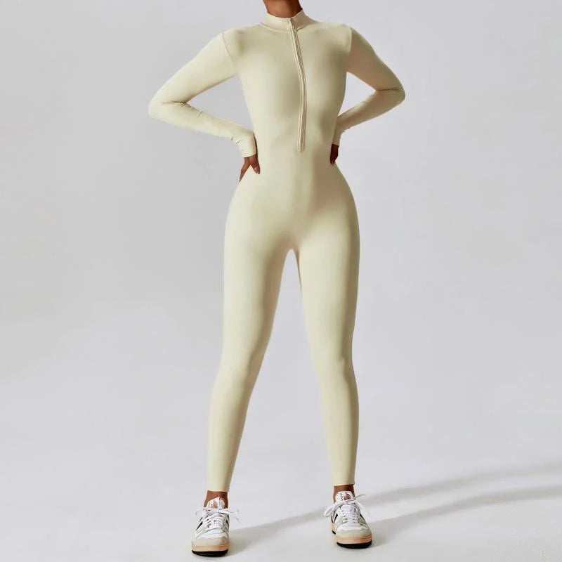 Seamless women's yoga jumpsuit with zipper for fitness and casual wear in various colors