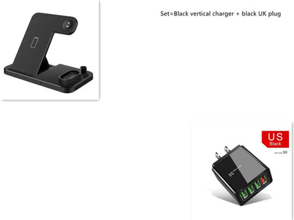 4-in-1 wireless charging station with adjustable magnetic stand charging phone, watch, earbuds, and stylus on a desk