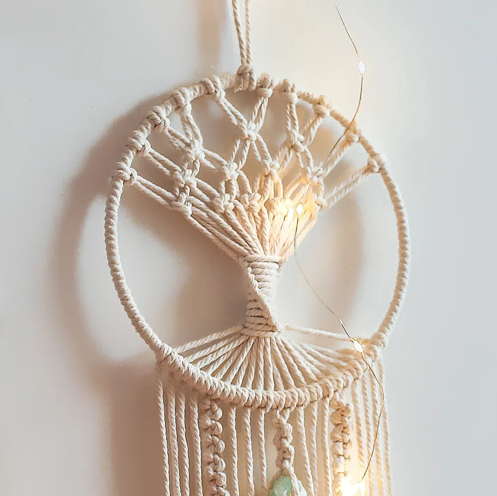 Handmade rectangular dream catcher tree tapestry woven from cotton rope, 73 cm long.