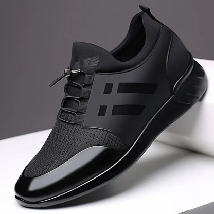 Men's black casual sneakers with a hidden internal heel lift, available in leather, Lycra and mesh upper options.