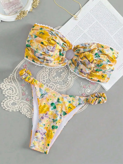 Floral lace detail European style bikini set in polyester fibre with tube top design