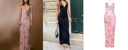A stylish halter dress with a floral print and butterfly-inspired back, perfect for summer events and parties.