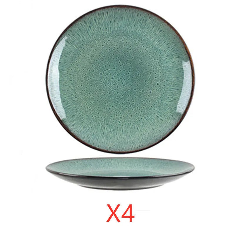 Retro European style porcelain bowls and plates set with round shape on dining table
