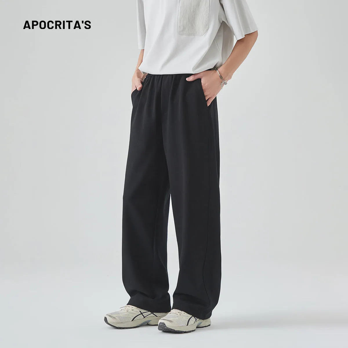 Men's cotton blend casual trousers in grey with straight loose fit and lace-up waist