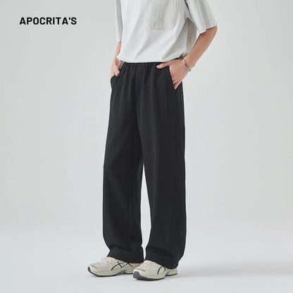 Men's cotton blend casual trousers in grey with straight loose fit and lace-up waist