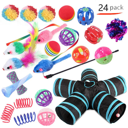 Plastic cat toy set with coloured tunnel channels and a ball for interactive indoor play.