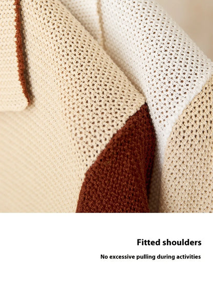 Beige cotton linen blend short-sleeved cardigan with lapel collar shown on hanger