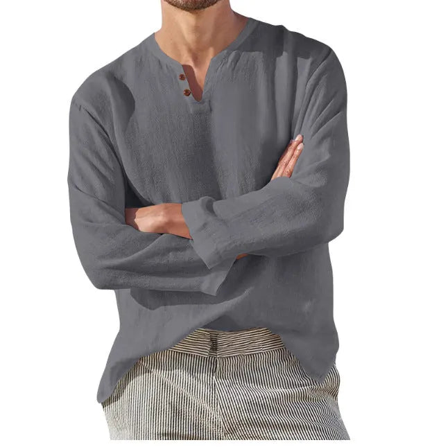 Men's cotton blend long sleeve V-neck casual shirt in blue, grey, black or apricot, sizes L to 5XL
