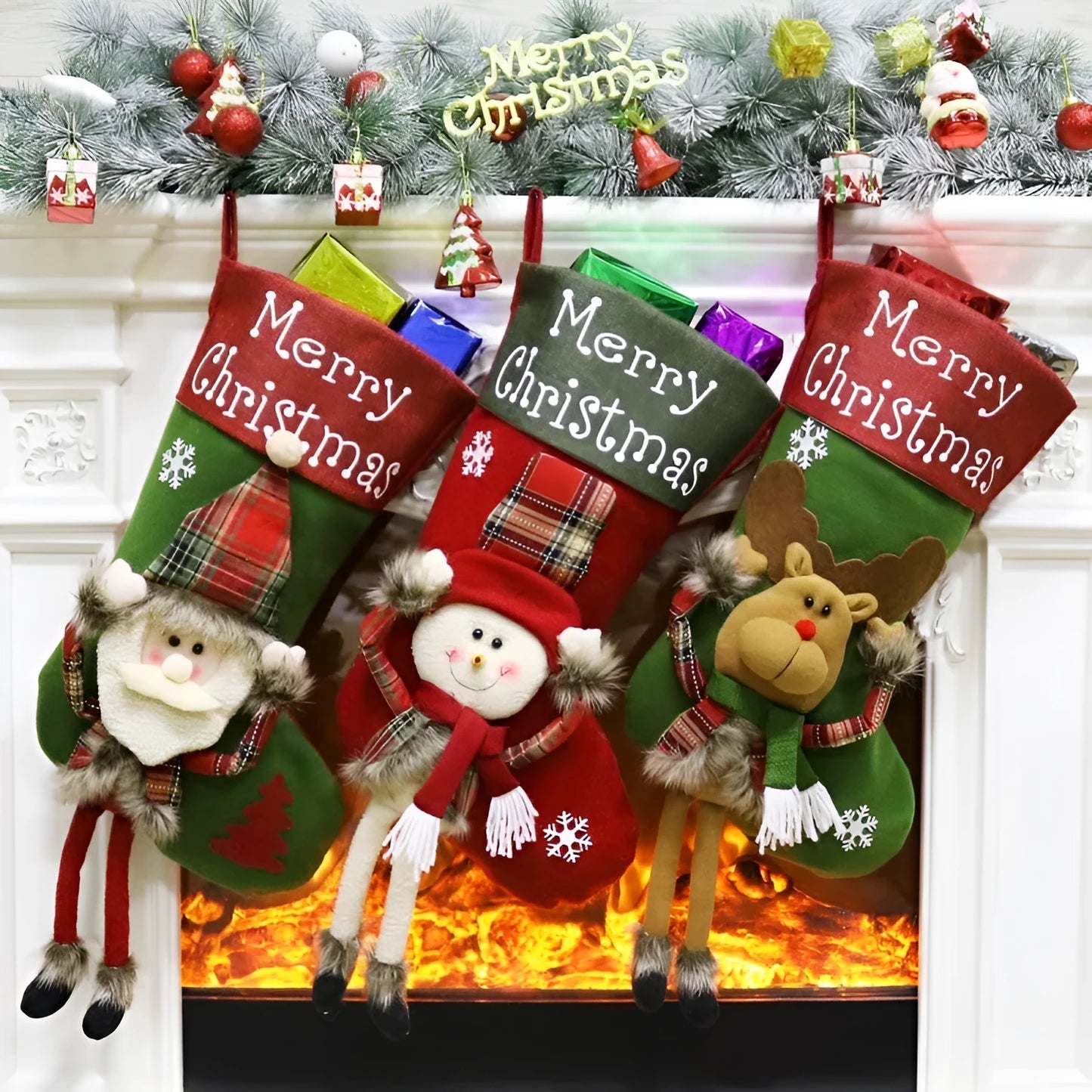 Three Christmas stockings with Santa, Snowman, and Reindeer designs showing 3D appliqué details