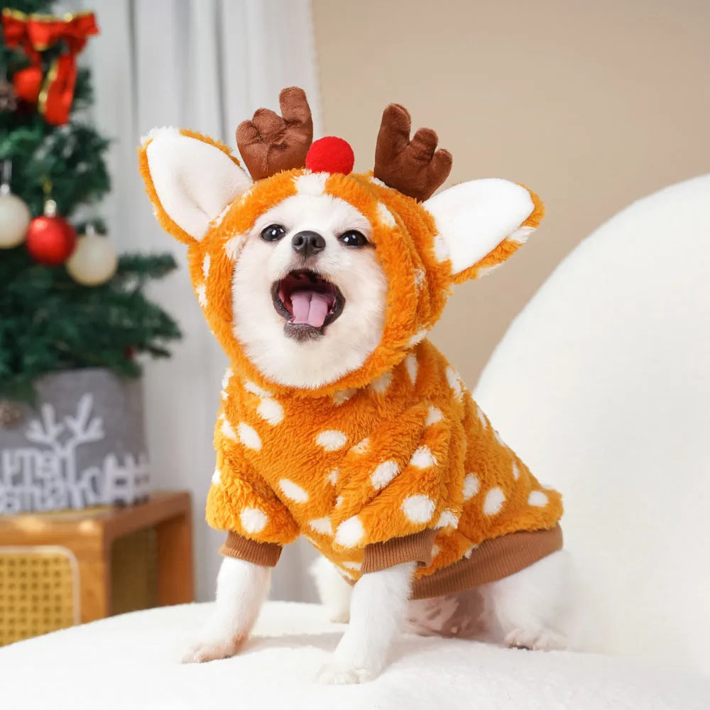 Elk-themed fleece-lined dog Christmas costume shown in size options from XS to XXL