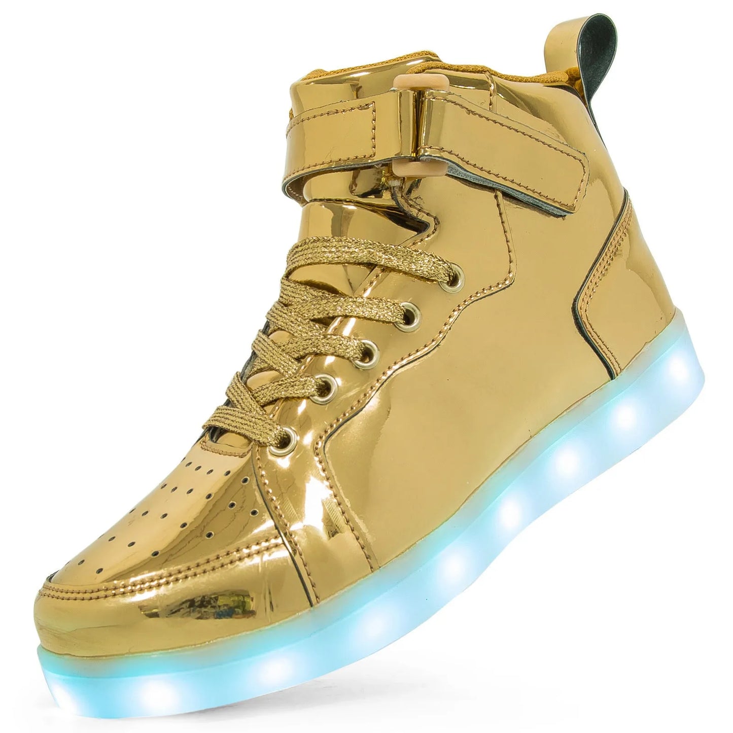 LED light-up high-top board shoes with velcro fastening in black, gold and white colours