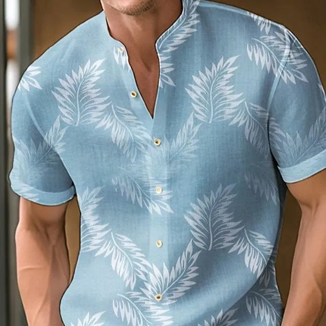 Men's printed polyester casual shirt showing colour options MB01RQ Y085-Y092 with Asian sizing S to 4XL