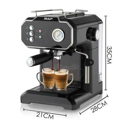 Black semi-automatic coffee machine with LCD display and 1.5L capacity