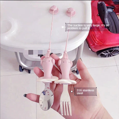 Infant stainless steel training spoon and fork set with silicone anti-drop chain and suction cup